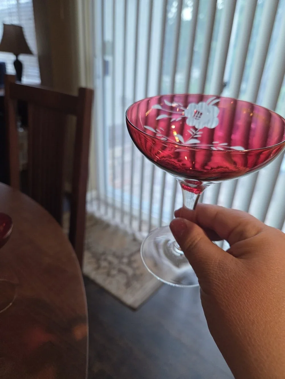 Vintage Cranberry Cut To Clear Bohemian Cutwork Coup Glasses (3)
